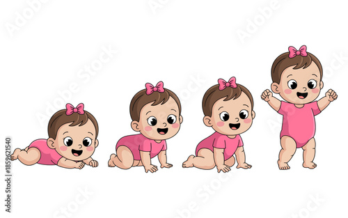 Cute baby girl cartoon illustrating milestones from infancy to toddlerhood