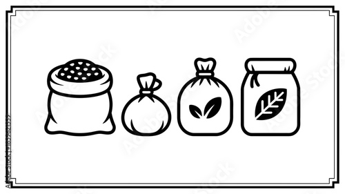 Black and white line art illustration of various food and natural product packaging