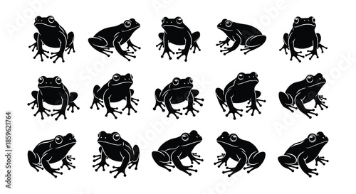 A collection of stylized black frog silhouettes arranged in a grid pattern