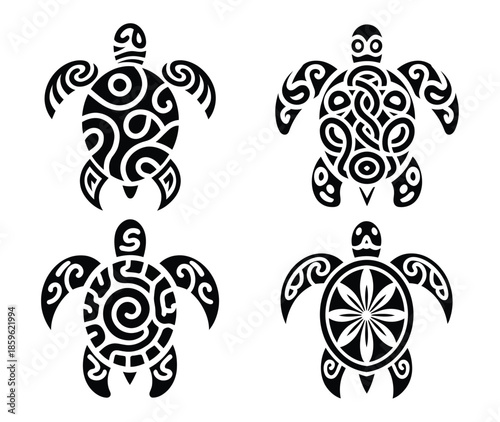 Tribal turtle tattoo illustration with authentic Polynesian symbolism, detailed Maori ethnic ornament style, powerful sea animal motif in black vector on white background.
