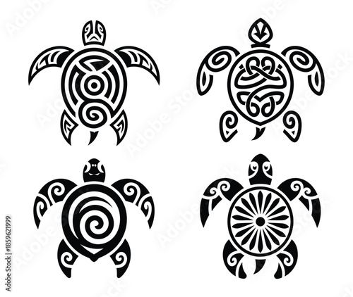 Tribal turtle tattoo illustration with authentic Polynesian symbolism, detailed Maori ethnic ornament style, powerful sea animal motif in black vector on white background.