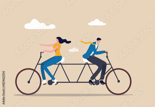 Business conflict, controversy or disagreement causing problem and failure concept, businessman and businesswoman colleagues or working team trying hard riding bicycle in opposite direction.