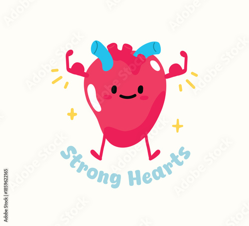 Cute cartoon strong heart character with muscle arms. Strong heart mascot illustration. Flat vector.