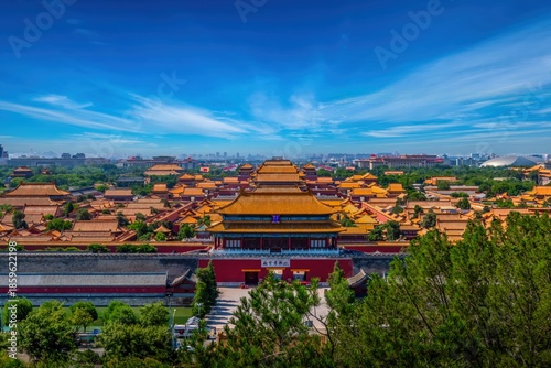 Billede på lærred Aerial view of the Forbidden City in Beijing, showcasing the iconic central axis of ancient Chinese architecture, surrounded by green landscapes and modern city skyline