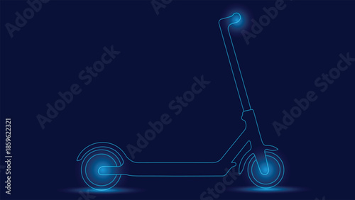 Minimal neon style electric scooter illustration glowing lines on dark blue background perfect for smart transport technology future mobility themes digital branding visualsfx