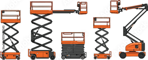 Aerial work platform lifts collection including scissor lifts and boom lifts isolated on white background industrial access equipment vector illustration