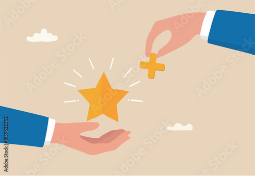 Value added, increase value or price of product to make profit, additional advantage or development for more benefit concept, businessman hand holding star value and another added plus sign to it.