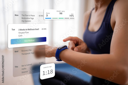 Φωτογραφία Adult woman using smartwatch tracking fitness metrics managing workout schedule