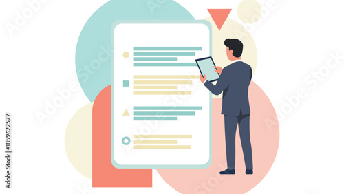 Minimal flat style business person analyzing content on large digital screen ideal for corporate training presentation planning management and productivity themes communicationtool