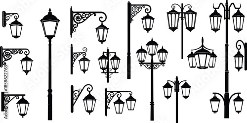 Vintage street lamp silhouettes collection with classic lantern designs isolated on white background urban lighting vector illustration set