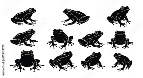 A collection of stylized black frog silhouettes arranged in a grid pattern
