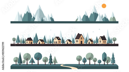 Horizontal banners showing a peaceful mountain landscape and a small village and a forest of various geometric style trees.