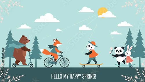 Diverse forest animals including a bear and fox and panda riding a scooter and bike and skateboard on a sunny spring day.