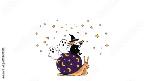 Spooky halloween illustration with a little witch and two ghosts riding on a large purple snail under a starry night sky.