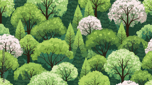 Seamless vector pattern of a lush green forest with blossoming pink spring trees and various types of green woodland foliage.