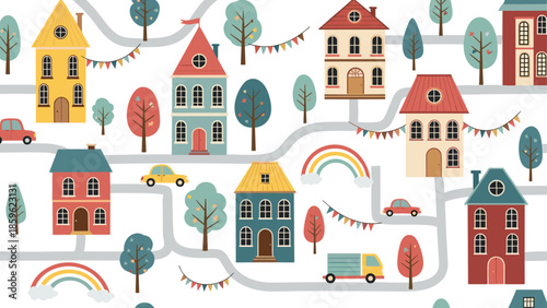 Seamless town map pattern for kids featuring colorful houses and winding roads with small cars and bright cheerful rainbows.