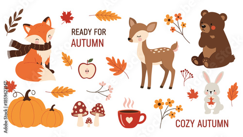 Collection of cozy autumn elements including a fox and deer and bear and pumpkin and red mushrooms and various falling leaves.