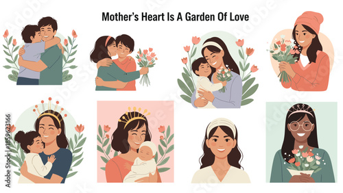 Collection of diverse mothers hugging their children with love and affection surrounded by delicate floral garden elements.