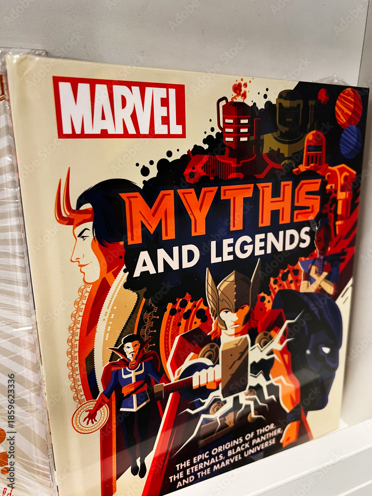 Fototapeta premium Marvel Myths and Legends cover art featuring iconic heroes and bold, colorful superheroes