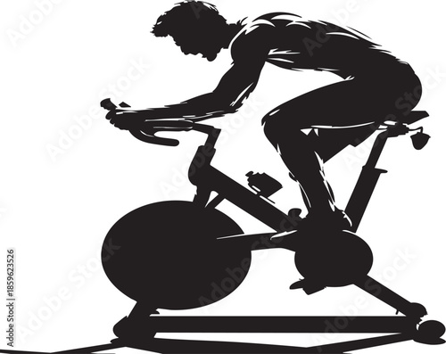 Monochrome silhouette of determined man during intense indoor cycling workout session on stationary bike, pushing limits