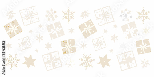 Delicate winter pattern featuring gift boxes and sparkling snowflake designs