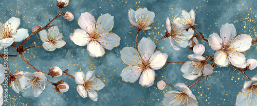Cherry blossom repeat on matte slate surface with gold foil specks and soft watercolor petals, luxury textile mockup, 32k