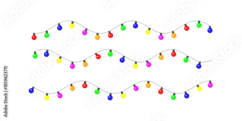 Three wavy strings of colorful pixelated christmas party string lights isolated on transparent background