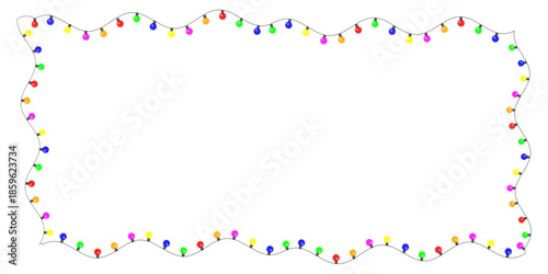 Colorful string lights border frame with wavy edge on transparent background for holiday design