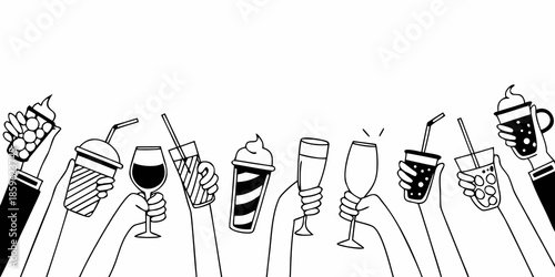 Hands holding various beverages cocktails ice cream and drinks in a sketch style