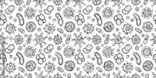 Intricate black and white pattern of sketched floral and circular designs