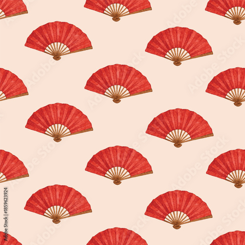 Vector seamless pattern with chinese red hand fans repeating