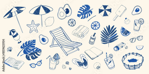 A summery collection of beach essentials and tropical fruit illustrations