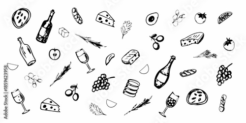 A charming black and white doodle illustration of various food and drink items