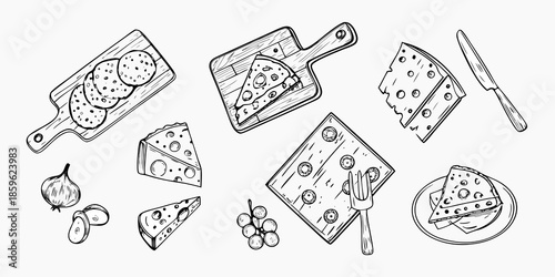 A sketch of various cheese types crackers and a knife on wooden boards