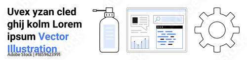 Product design, software development, user interaction, health, hygiene, innovation. Gear icon, web interface sanitizer bottle. Product design and software development concept
