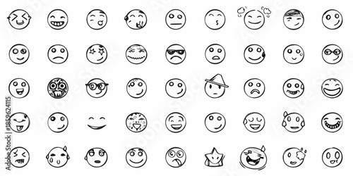 Collection of various black and white sketched facial expressions and emoticons
