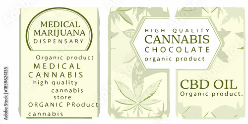 Medical marijuana and cannabis products packaging with dispensary branding and chocolate