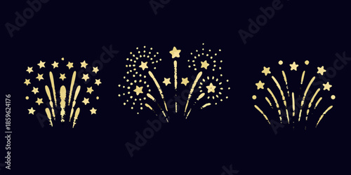 Golden firework displays illuminate a dark background with sparkling starbursts