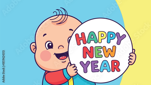 Cute baby holding a colorful Happy New Year sign with a happy expression