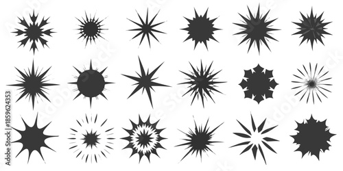 Abstract collection of dark starburst shapes and explosion like designs on black