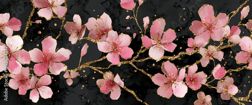 Cherry blossom seamless repeat on deep matte black background, gold foil outlines and soft watercolor petals, luxury textile texture, 32k