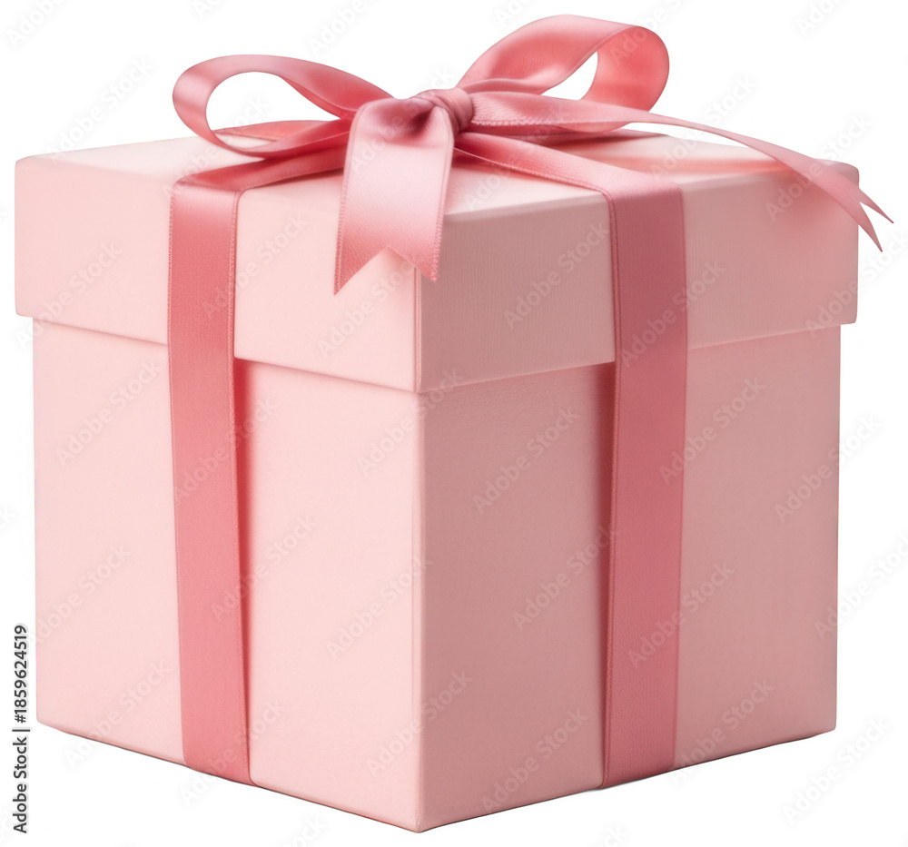 Obraz premium Square pink gift box with satin ribbon bow on top isolated on transparent background ready for celebration