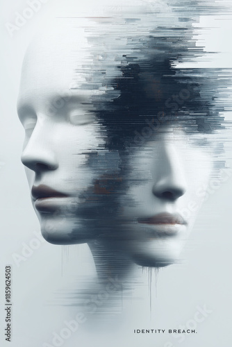 Identity breach showing digital distortion and human face data glitch