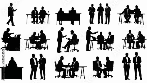 Business meeting silhouettes in various poses and settings.