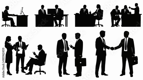 Business people silhouettes in various office and meeting scenarios.