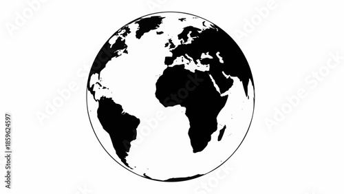 Black and white illustration of planet Earth showing continents.