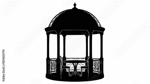 Black silhouette of a classic gazebo with a table and chairs inside.