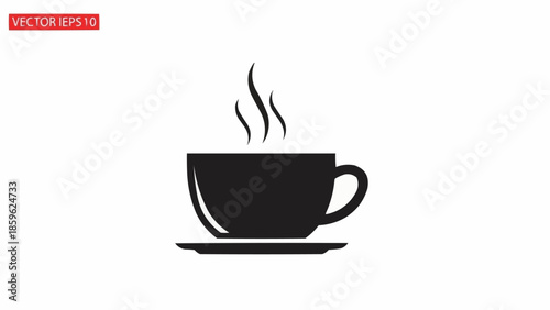 Black silhouette of a steaming coffee cup on a saucer.