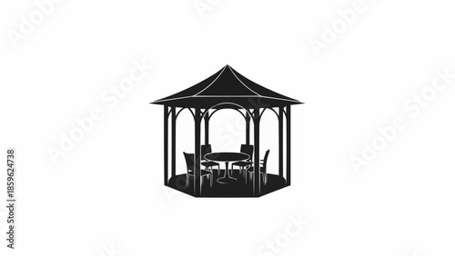 Black Silhouette of a Garden Gazebo with Table and Chairs.
