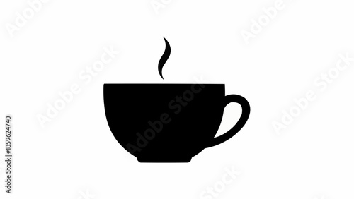 Black silhouette of a steaming coffee cup on a white background.